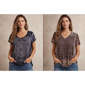 Lucky Brand LOT 2 Shirt Size 1X Tee All Over Border Print Mandala Persian Bundle